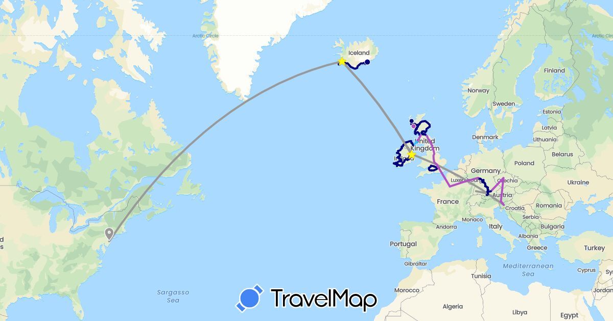 TravelMap itinerary: driving, plane, train, boat in Germany, France, United Kingdom, Ireland, Iceland (Europe)